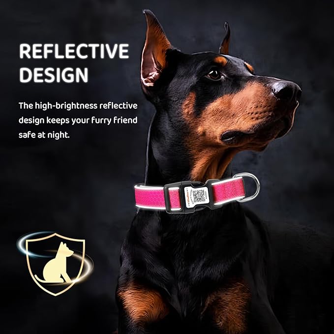 Personalized Dog Collar with QR Code tag for pet ID, Reflective Safety Collar, Suitable for Small, Medium, and Large Dogs (Rose Red, Medium)