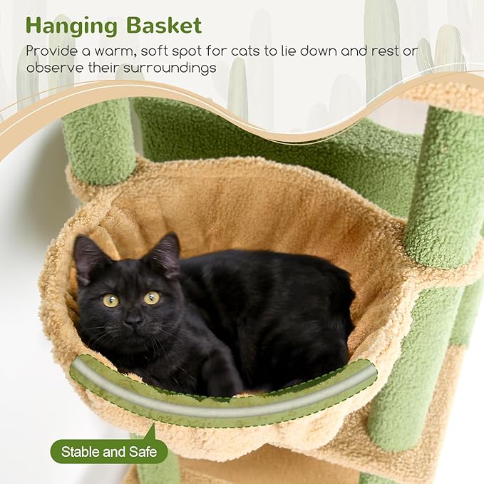 Globlazer Cactus Cat Tree Tower 76-Inch Extra Tall Multi-Level Cat Furniture with Cozy Condos,Interactive Toys and Perches for Large Cats, Perfect for Climbing, Scratching, and Play, F76, Green