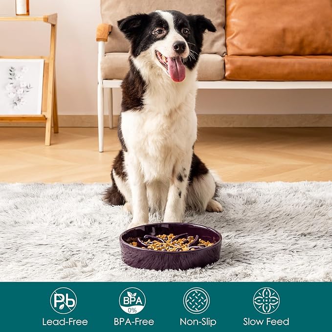 vancasso Ceramic Slow Feeder Dog Bowls, Puzzle Dog Food Bowls with Floral Maze, Anti -Slip Pet Food Dish for Large Breed, 3 Cups, Purple