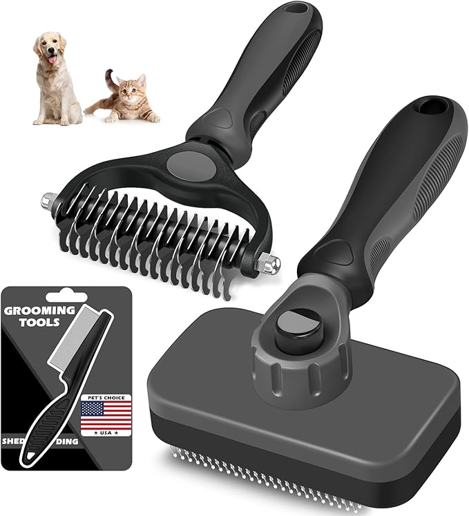 3PCS Self Cleaning Slicker Brush & Pet Grooming Rake & Flea Comb for Dogs,Cats and Horses | Double-Sided Dematting Comb & Skin Friendly Deshedding Grooming Tool | Premium Pet Supplies（Gray Black)