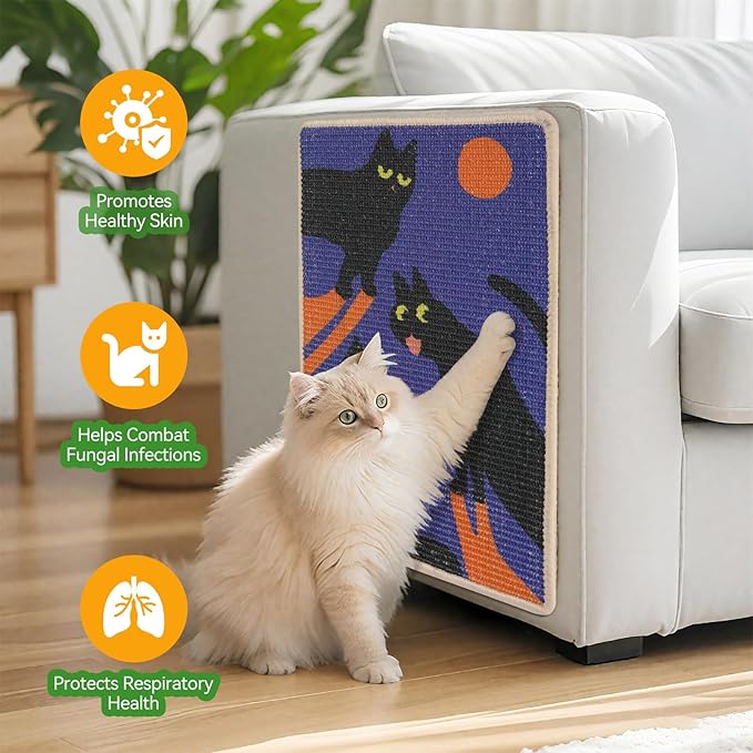 3-in-1 Sisal Cat Scratcher Mat 23.6x15.7'' Protects Carpet Couch & Furniture with Sticker Tape, Floor & Wall Cat Scratching Pad, Anti-Slip, Durable for Indoor Outdoor Cats (Royal Purple)