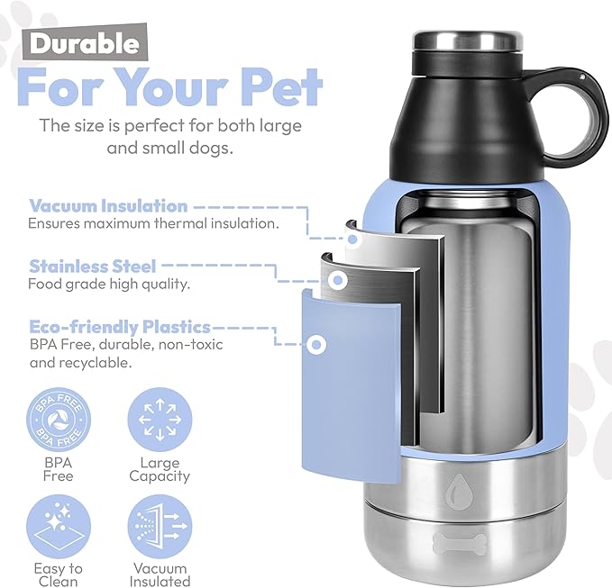 Stainless Steel Insulated Water Bottle with 2 Removable Water Bowls for Dogs – Leak-Proof Portable Dog Water Bottle - Travel Accessories for Dogs - 32oz - Lavender