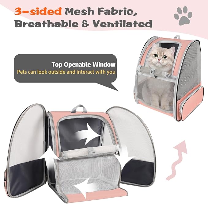 Cat Backpack Carrier,Pet Carrier Airline Approved for Small Dog Cat Puppy Kitten Bunny,Ventilated Mesh Design Animal Backpack for Hiking Camping Travel Bag (Pink)