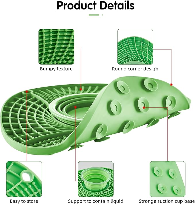 Lick Mat for Small Dogs and Cats with Suction Cups, Silicone Slow Feeder Lick Pad with Collapsible Bowl for Anxiety Relief, Pet Puzzle Treat Mat for Bathing Grooming Trimming (Green)
