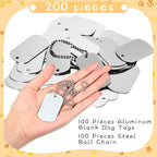 Yinkin 200 Pcs Personalized Military Dog Tags Set Including 100 Pcs Aluminum Blank Dog Tags for Engraving 100 Ball Steel Chain Rectangle Metal Blank Stamping Label for DIY Craft(Silver)