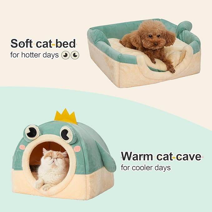 Jiupety Cat Beds for Indoor Cats, Cute Cat House for Cats and Puppy, Cute Cat Cave Bed with Removable Cushion, Large Cat Bed Cat Hideaway, 2-in-1 Cat Tent, M(17" × 17" × 17"), Green.