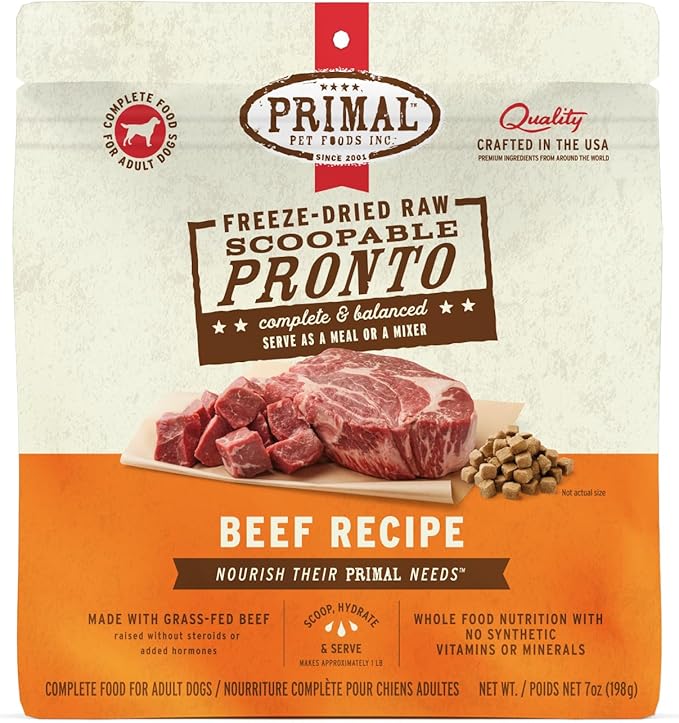 Primal Freeze Dried Dog Food, Pronto Mini Nuggets, Beef; Scoop & Serve, Complete & Balanced Meal; Also Use as Topper or Treat; Premium, Healthy, Grain Free High Protein Raw Dog Food (7 oz)