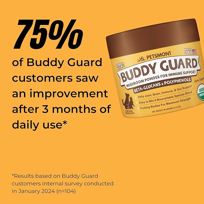 Petsmont Buddy Guard for Lumps and Bumps, Lipoma for Dogs & Cats, Patent Pending Organic 8 Mushroom Powder Blend Natural Dog Probiotic & Immune Support Chaga, Reishi, Lion's Mane, Turkey Tail Mushroom