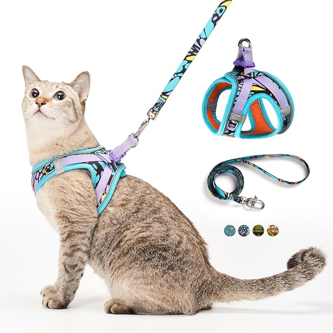Cat Harness and Leash Set, Step-in Escape Proof Adjustable Vest Harness for Small Medium Large Cats, Lightweight Soft Breathable Reflective Kitten Harness for Walking Travel, Camping(Blue, XS)