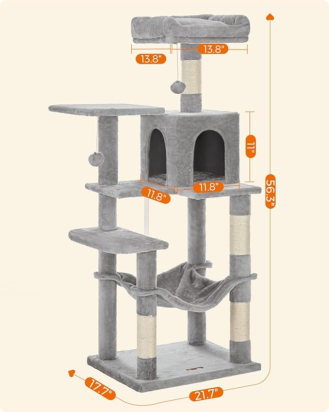 Feandrea Cat Tree, 56.3-Inch Cat Tower for Indoor Cats, Multi-Level Cat Condo with 4 Scratching Posts, 2 Perches, Hammock, Cave, Light Gray UPCT161W01