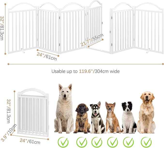 BHG Metal No-Assembly Freestanding Dog Gate with Door Walk Through, Extra Wide 144", Extra Tall 32" Pet Gate, Accordion Puppy Folding Playpen Dog Fence for Indoor & Outdoor, with 2PCS Support - White