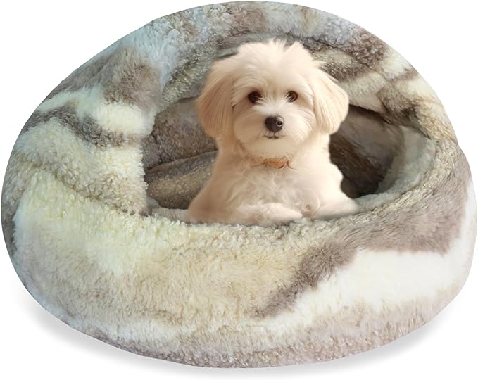 HYQ Cat Beds for Indoor Cats, Small Dog Bed with Cover Cave, Cozy Cat Cave Bed, Round Puppy Bed with Hooded Cover, Dog Beds for Small Dogs with Anti-Slip Bottom(Khaki Texture, 24×24 Inch)