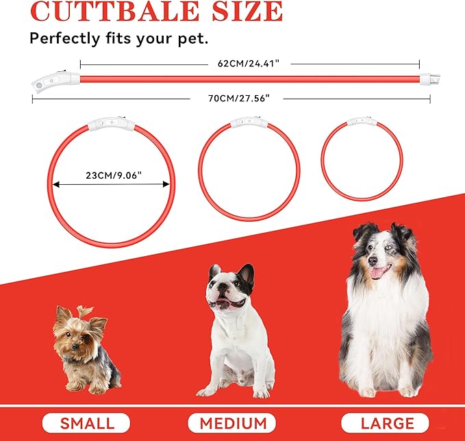 Light Up Led Dog Collar Rechargeable Waterproof, Glow in Dark Dog Collar, TPU Cuttable Lighted Dog Collars for Night Walking Charging USB, Safety for Small Medium Large Dogs Red