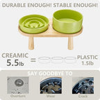 Ceramic Slow Feeder and Water Bowl Set for Small Dogs, Ceramic Dog Bowls Elevated with Wooden Stand, 0.6 Cups Dog Slow Feeder(14oz) and 30oz Water Bowl Set, Green
