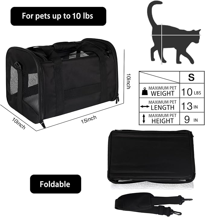 Cat Carrying Case - Pet Carrier Airline Approved, Protable and Breathable Pet Travel Carrier Removable Fleece Pad, Collapsible Cat Carrier Dog Carrier for Medium Cats Small Cats Dogs (Small, Black)