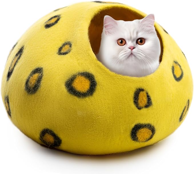 Woolygon Premium Felt Cat Cave Bed - Polka Dot Series - Wool Kitty Beds Handcrafted Kitten Caves Bed for Indoor Cats - Eco-Friendly Merino Wool, Foldable Cat Hideaway Cat Houses Pod