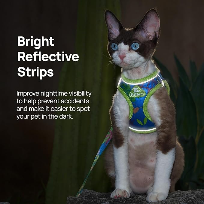 Cat Harness and Leash Set, Step-in Escape Proof Adjustable Vest Harness for Small Medium Large Cats, Lightweight Soft Breathable Reflective Kitten Harness for Walking Travel, Camping(Hawaii Green, S)