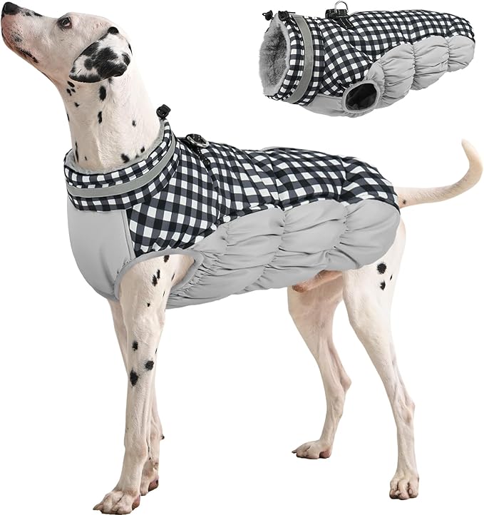 FUAMEY Dog Coat for Large Dogs,Waterproof Dog Winter Jacket with Harness Built in Puppy Cold Weather Coats Reflective Pet Vest with Zipper Warm Fleece Dogs Snowsuit Windproof Checkerboard XL