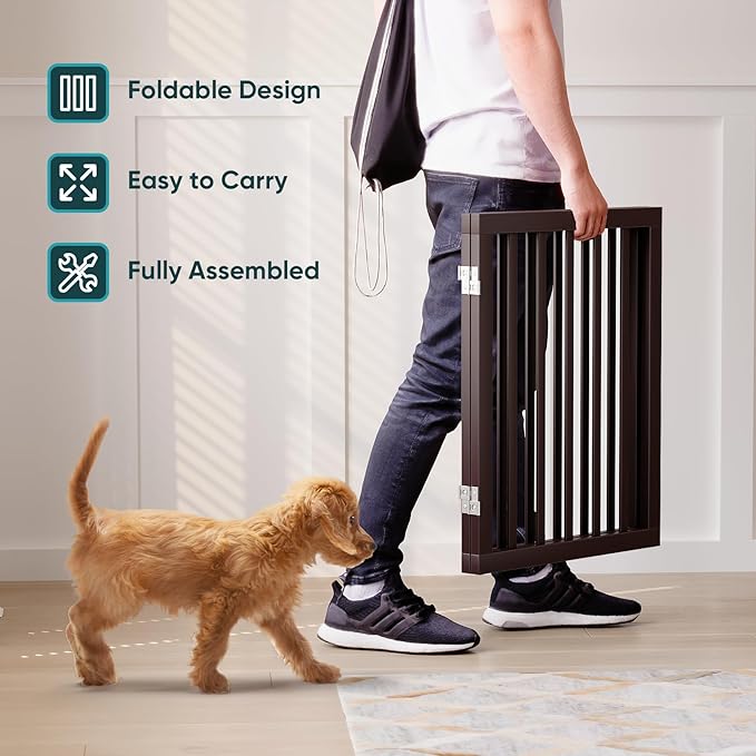 Semiocthome Bamboo Dog Gates Indoor 2-Panel Freestanding Puppy Gates for The House with 2 Metal Stands 24" H Folding Wood Pet Gate for Stairs Doorway, Fully Assembled Safety Fence Espresso