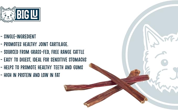 Big Lu - 6-Inch Jerky Gullet Sticks, 12 Count, All-Natural Beef Dog Chews, Grass-Fed, Free-Range, Digestible Treats with Glucosamine and Chondroitin for Joint Health, Dogs