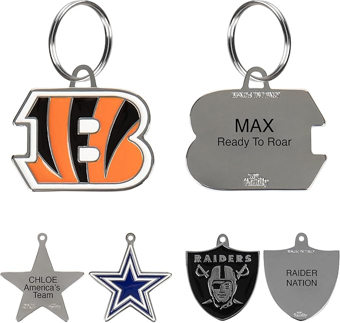 NFL Cincinnati Bengals Engraving Pet ID in 32 Team Logo Shapes - Personalized Dog and Cat Tags With 3 Lines of Customizable Text for Tracking & Safety - Stainless Steel