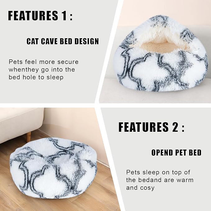Calming Dog Beds & Cat Cave Bed with Hooded Cover,Washable Round Beds for Small Medium Pets,Anti-Slip Faux Fur Fluffy Coved Bed,Comfortable Warming Pet Bed (20 * 20inch,Black and White)