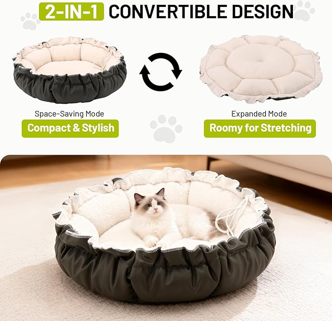 20.8Inch Cat Bed for Indoor Cats, 2-Sided Reversible Pet Bed, Adjustable Drawstring Kitten Bed, Small Dog Beds and Furniture for Puppy, Kitty, with Black Water-Resistant Anti-Slip Bottom