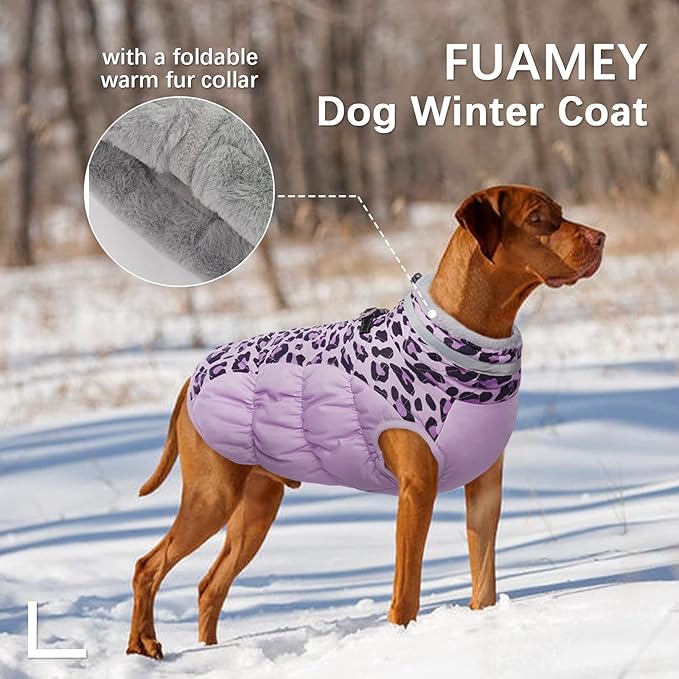 FUAMEY Dog Coat for Large Dogs,Waterproof Dog Winter Jacket with Harness Built in Puppy Cold Weather Coats Reflective Pet Vest with Zipper Warm Fleece Dogs Snowsuit Windproof Purple Leopard XXXL