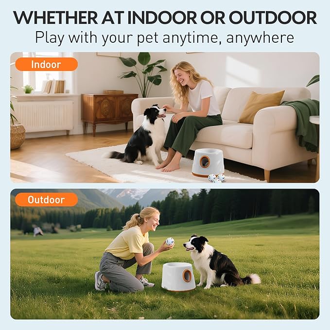 Automatic Ball Launcher for Dogs - Dog Ball Thrower Launcher with 3 Etpu Sphere, 3 Adjustable Distances (20ft/33ft/46ft), Interactive Thrower Machine, Mental Stimulation Dog Toys