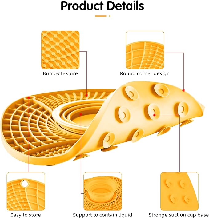 Lick Mat for Small Dogs and Cats with Suction Cups, Silicone Slow Feeder Lick Pad with Collapsible Bowl for Anxiety Relief, Pet Puzzle Treat Mat for Bathing Grooming Trimming (Yellow)