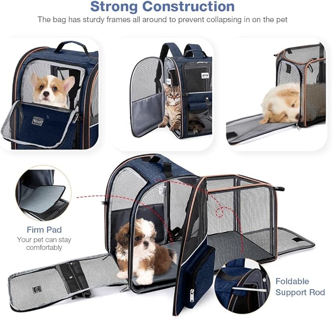 Lekebobor Extra Large Cat Backpack Carrier Expandable Pet Carrier Backpack for Small Dogs Medium Cats Fit Up to 18 Lbs, Dog Backpack Carrier, Foldable Puppy Backpack Carrier for Travel, Hiking,Blue