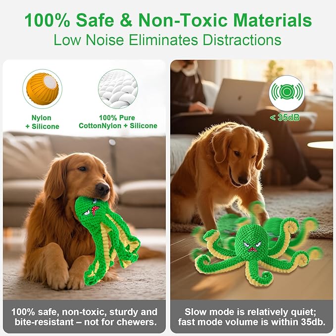 Interactive Dog Toys Octopus,Durable Automatic Jumping Dog Toy to Keep Them Busy,Squeaky Moving Tug of War Doggie Toy,USB Rechargeable Puppy Toys (Green)