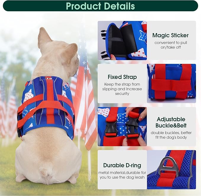 Kuoser Dog Life Jacket High Flotation, American Flag Dogs Life Vest for Swim Boating, Independence Day dog lifejacket with Reflective & Rescue Handle, Adjustable Doggy Life Preserver for Large Dogs XL