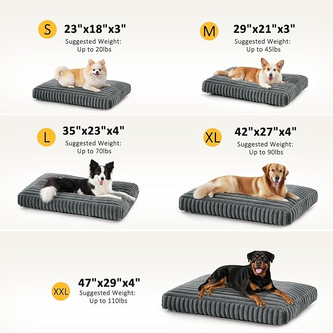 Dog Beds Large Sized Dog, Flat Pet Beds with Removable Washable Cover, Pet Mat Cute Pet Crate Bed Thick Shredded Chopped Crate Foam & Anti Slip Bottom for Indoor, 35"x23"x4" Grey