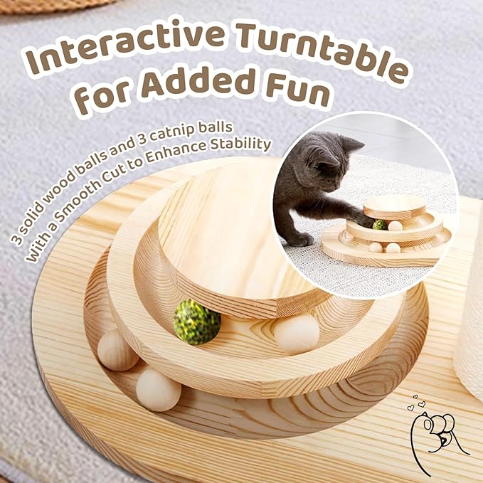 Cat Scratching Post- 4 in 1 Cat Scratch Post Kitten Toys for Indoor Cats, Wooden Cat Scratcher with 2 Level Cat Track Ball, Interactive Cat Feather Toy, Mushroom Cat Scratcher and Sisal Hanging Ball