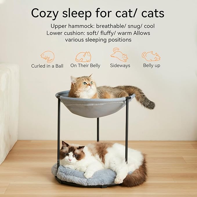 Double Cat Bed for 2 Cats Breathable Elevated Cat Beds for Indoor Cats, Round Fluffy Plush Cat Beds,18 x 16.5 x 16.5 Inch Cat Hammock Washable, Easy Assembly Cat Hammock for Multi-cat Household