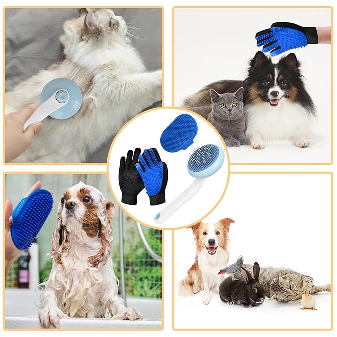 GJEASE Cat Grooming Glove Brush,Self-Cleaning Slicker Pet Brush for Short and Long Haired Pets,Dog Bath Brush for Shedding and Grooming,Removes Loose Hair and Tangles,Promote Circulation