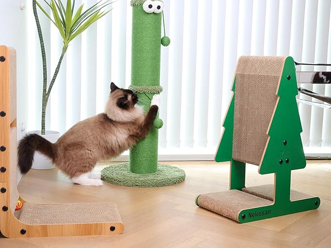 Nekosan Cat Scratching Post - 34-Inch Tall Indoor Cat Scratcher with 5.5-Inch Sisal-Wrapped Post, Hanging Ball Toy, Ideal for Large Cats and Kittens, Furniture-Friendly, Vibrant Green