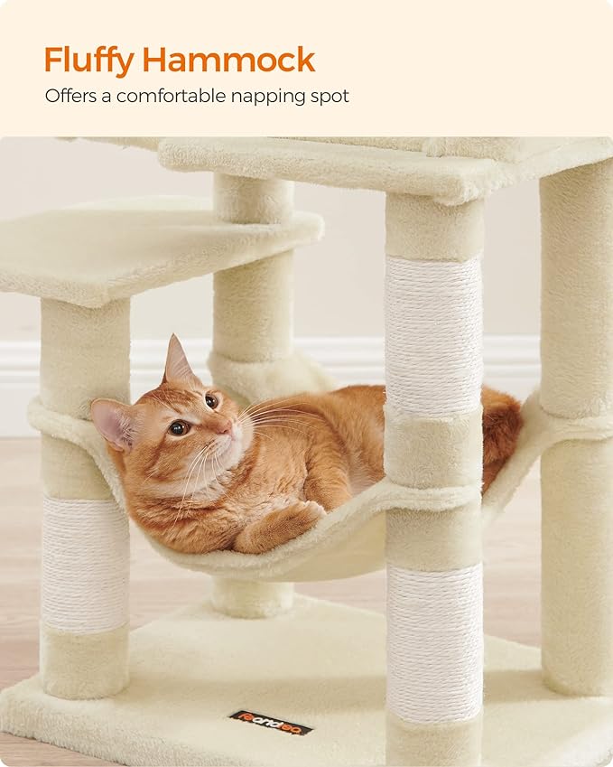 Feandrea Cat Tree, 44.1-Inch Cat Tower for Indoor Cats, Multi-Level Cat Condo with 4 Scratching Posts, 2 Perches, Hammock, Cave, Beige UPCT261M01