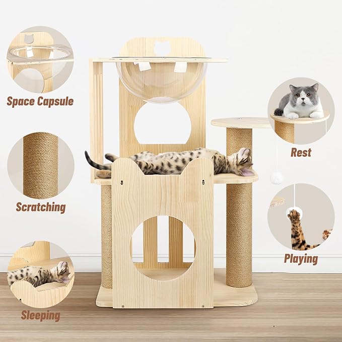 Cat Tree Tower, 32" Tall Wood Cat House Condo with Scratching Post, Cat Tower with Clear Space Capsule Detachable Cat Furniture for Indoor Small and Medium Cats