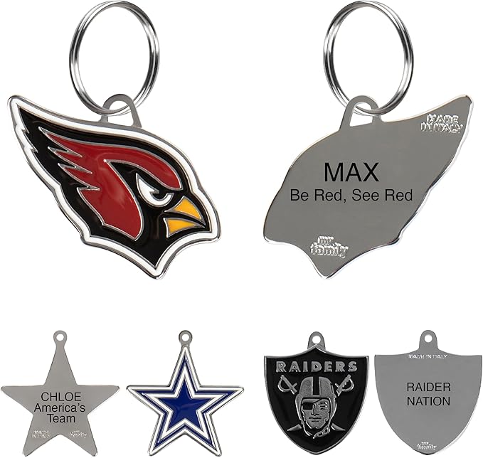 NFL Arizona Cardinals Engraving Pet ID Tags in 32 Team Logo Shapes Personalized Dog Tags and Cat Tags with 3 Lines of Customizable Text for Tracking & Safety. Stainless Steel Pet ID Tracking Tags