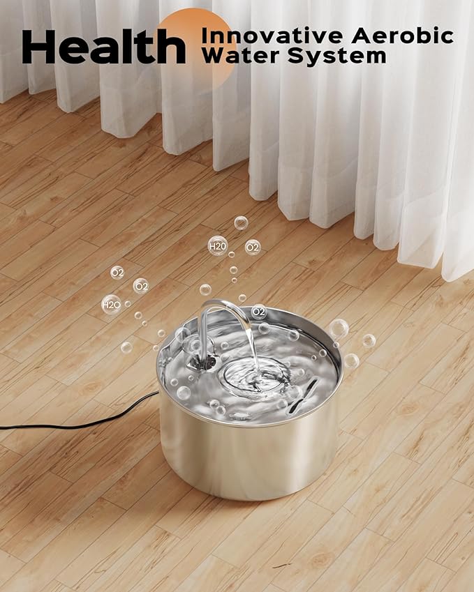 AOOGITF Cat Water Fountain + 6 Filters + 3 Sponges, 304 Stainless Steel Pet Water Fountain, 24 Hours Keep The Water Clean, 74oz Capacity, Ultra-Quiet, No Sputter, Compact, Easy Cleaning