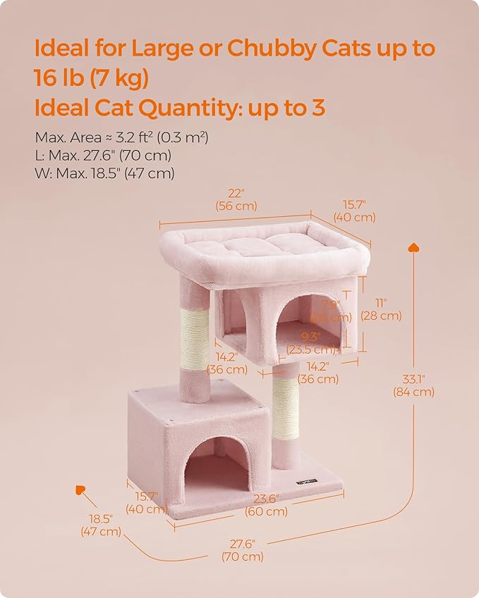 Feandrea Cat Tree, 33.1-Inch Cat Tower, L, Cat Condo for Large Cats up to 16 lb, Large Cat Perch, 2 Cat Caves, Scratching Post, Jelly Pink UPCT061P01