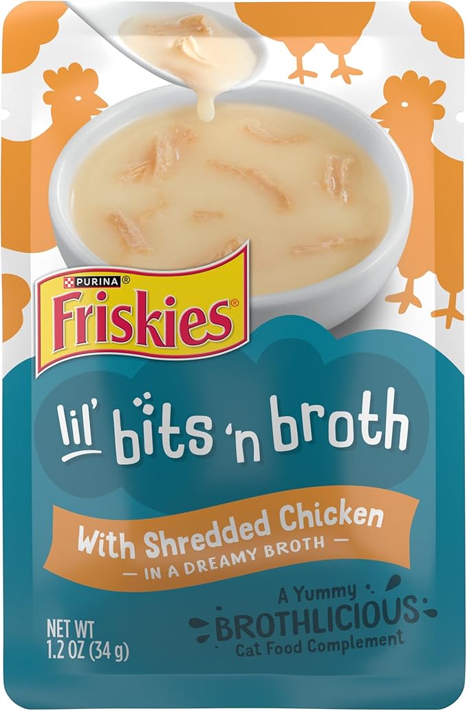 Purina Friskies Lickable Cat Treats Bits ‘n Broth With Shredded Chicken in a Dreamy Broth - (Pack of 16) 1.2 oz. Pouches