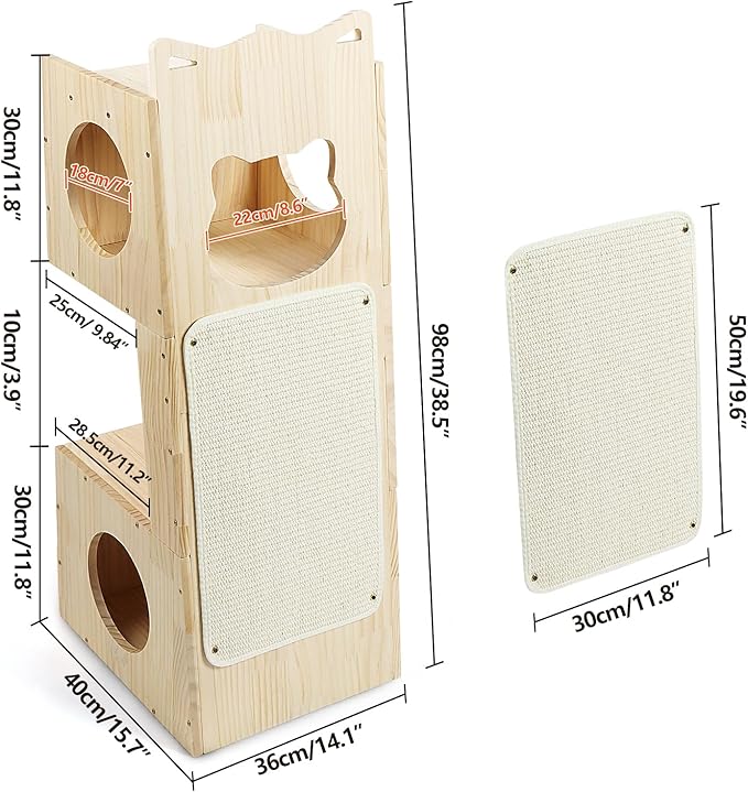 Cat Tower Scratcher, Cat House with Scratching Pad Horizontal Vertical Solid Wooden Cat Tree Furniture with Creative Cat House Condo for Indoor Cats Sunbathing, Relaxing and Sightseeing