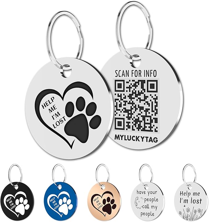 MYLUCKYTAG QR Code Stainless Steel Dog ID Tag, Digital Pet Profile, Location Alert Email, Engraved Dog Collar Tag