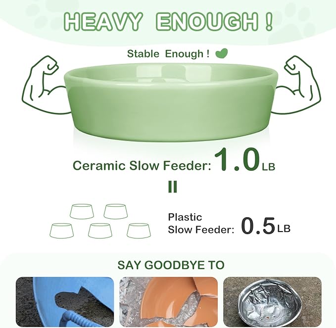 TRUVIC Ceramic Slow Feeder Dog Bowls Small Breed, 0.6 Cup Slow Feeder Cat Bowls for Fast Eaters, Ceramic Dog Food Dish no Black Chin, Puzzle Bowl for Small Dogs and Cats, Green