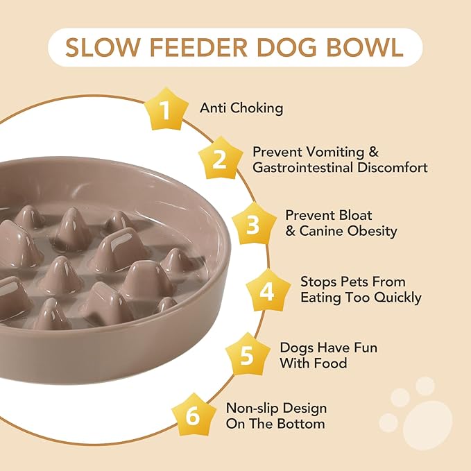 Ceramic 8.2 inch Dog Bowl Slow Feeder, Slow Pet Food Dish for Medium and Large Dog, Stop Bloat, Preventing Choking(Single Bowl, Brown Coffee)