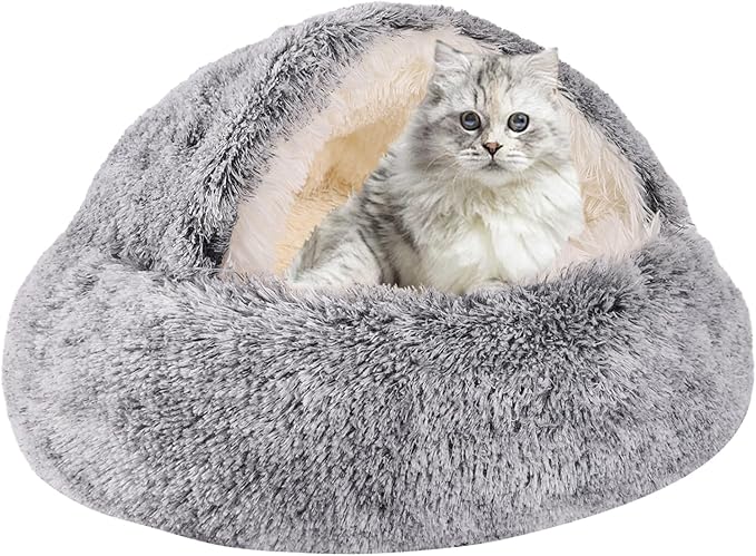 Round Hooded Cat Bed & Dog Bed with Cover Cave, Dog Bed for Small Dogs, Faux Fur Cuddler Round Coved Cat Bed Self Warming Donut Dog Bed Fits up to 5 lbs Pets (Gray, 16inch x 16inch)