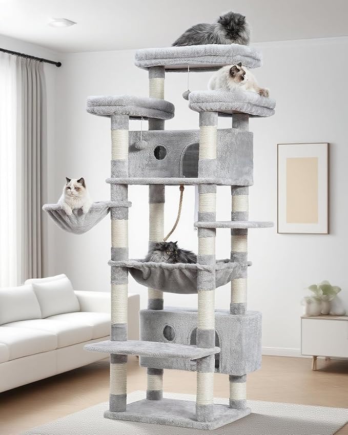 Cat Tree for Indoor Cats Large Adult, 74" Cat Tower with 3 Big Platforms, 2 Baskets, 2 Condos, Multi-Level Cat Scratching Posts, Light Gray GCT030W